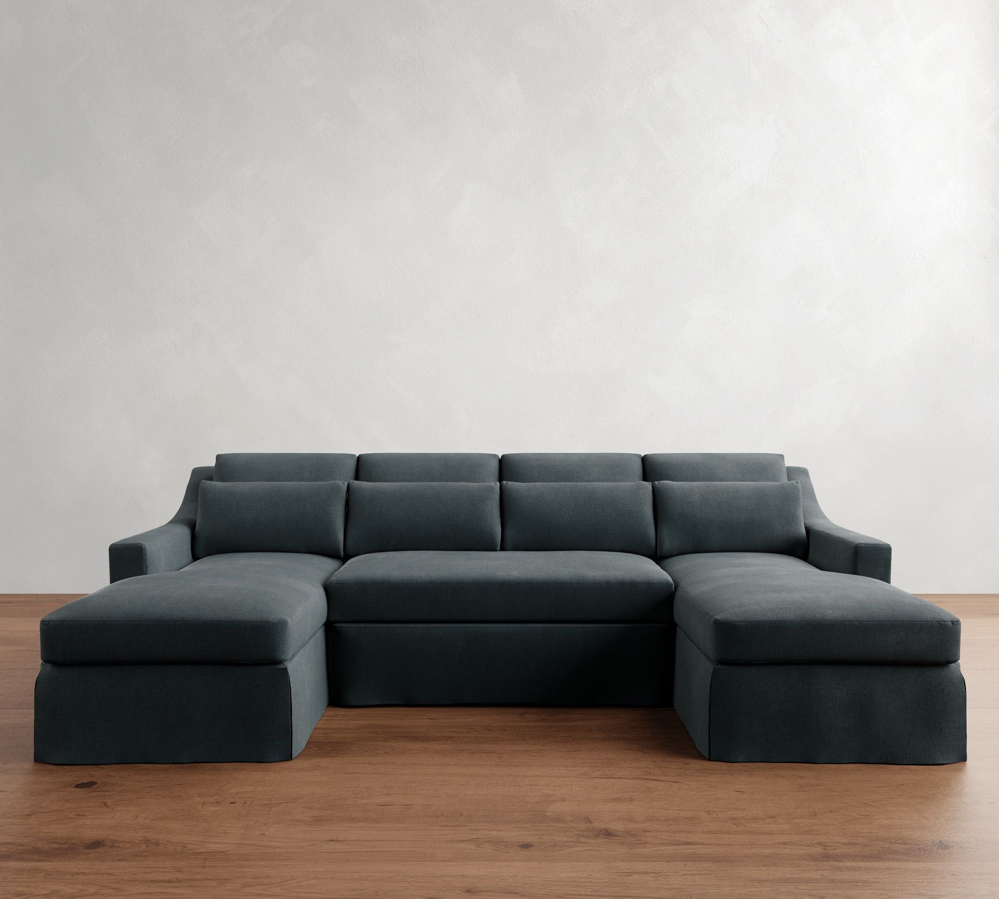 York Slope Arm Slipcovered Deep Seat U-Chaise Loveseat Sectional with Bench Cushion, Down Blend Wrapped Cushions, Rustic Chenille Slate