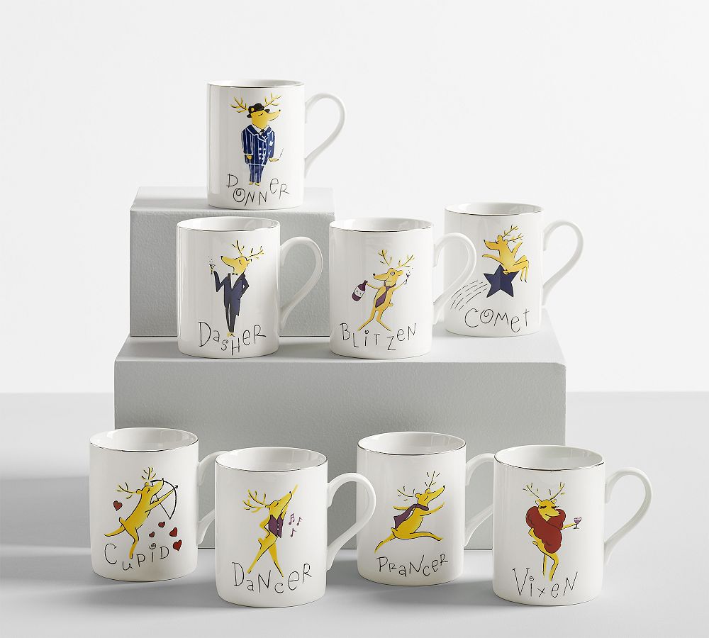 Vintage Reindeer Porcelain Mugs - Set of 8