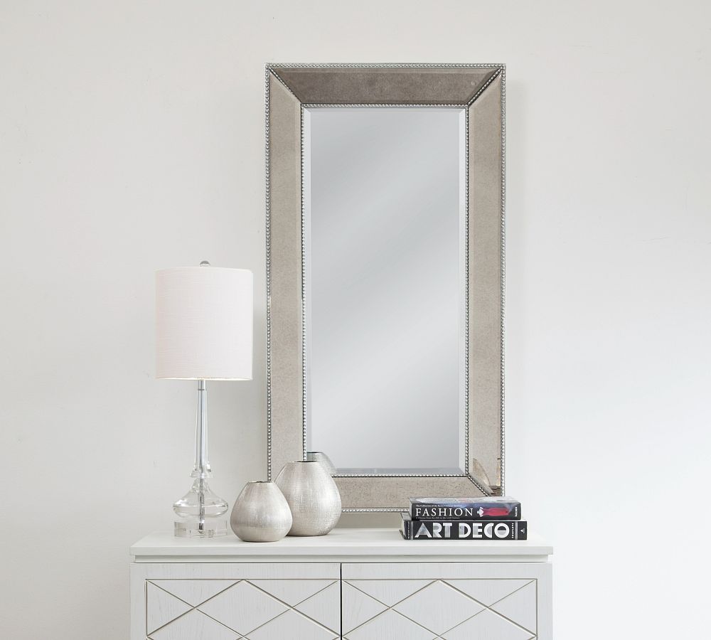 Antique Beveled Glass Beaded Frame Rectangular Wall Mirror