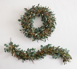 Faux Lit Eucalyptus and Green Berry Wreath &amp; Garland