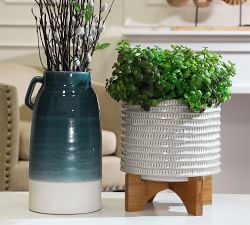 Hazel Textured Ceramic Planters on Wooden Stand