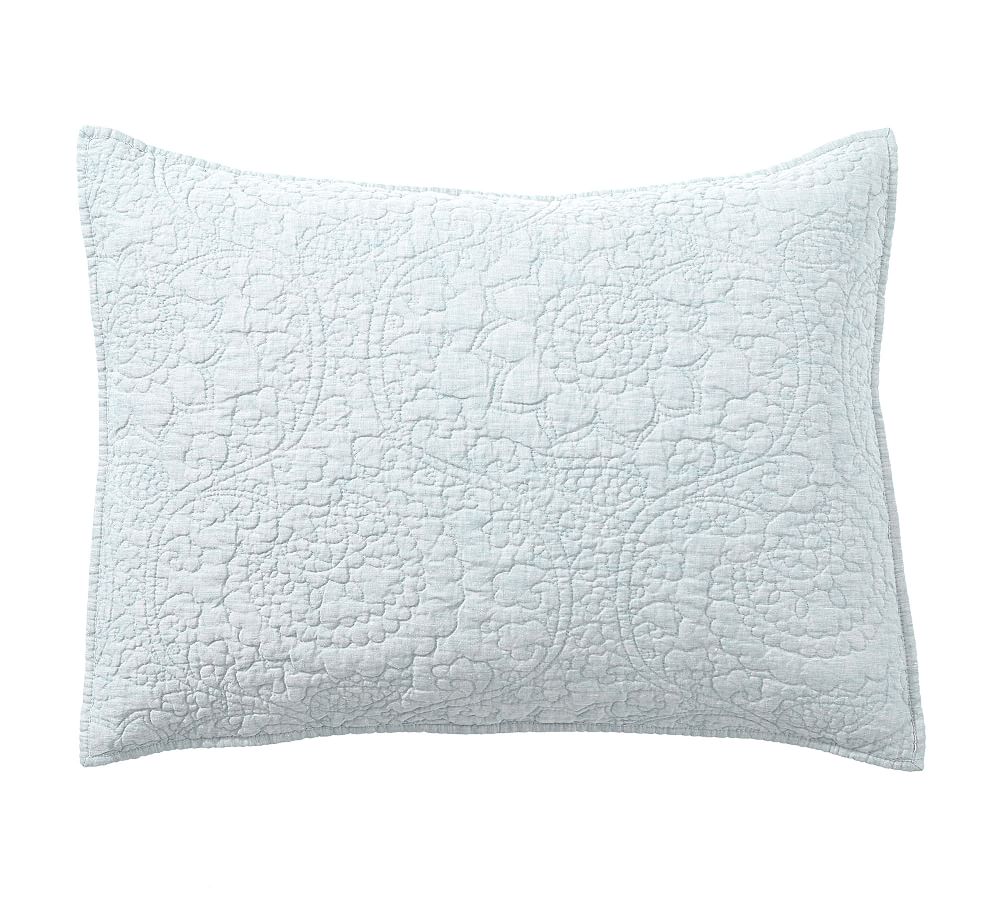 Open Box: Belgian Flax Linen Floral Stitch Quilted Sham, Blue Frost, Standard, Set of 2
