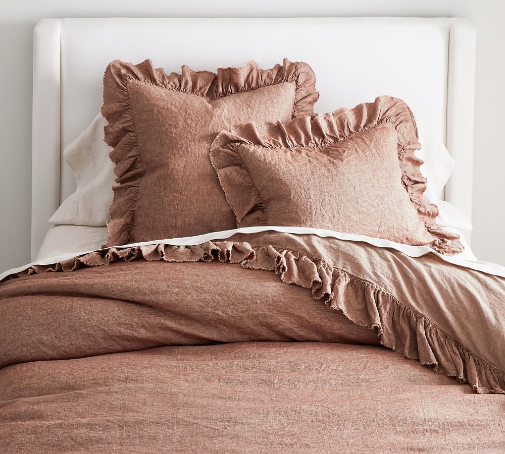 Open Box: Belgian Flax Linen Fringe Ruffle Duvet, Full/Queen-Brick