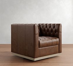Open Box: Edgewood Leather Swivel Armchair, Polyester Wrapped Cushions, Statesville Molasses