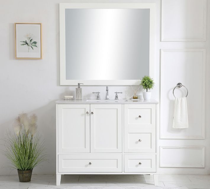 Modern bathroom vanity with white cabinet, two doors in the center, a drawer on the right and a large bottom drawer; countertop with sink and faucet; framed mirror above; decorative plant on right