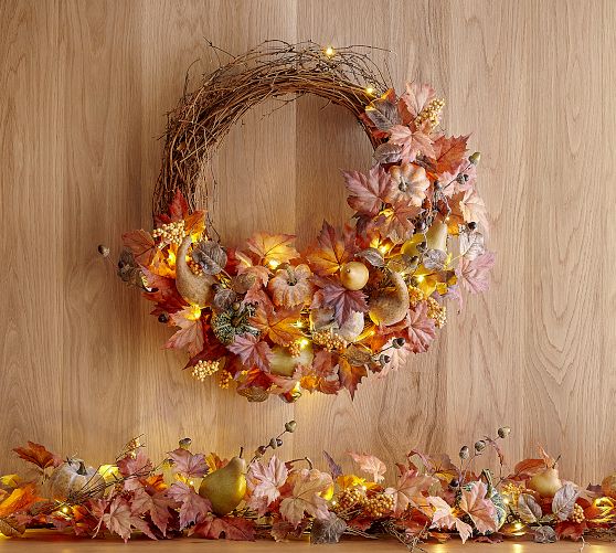 Faux Lit Harvest Wreath & Garland
