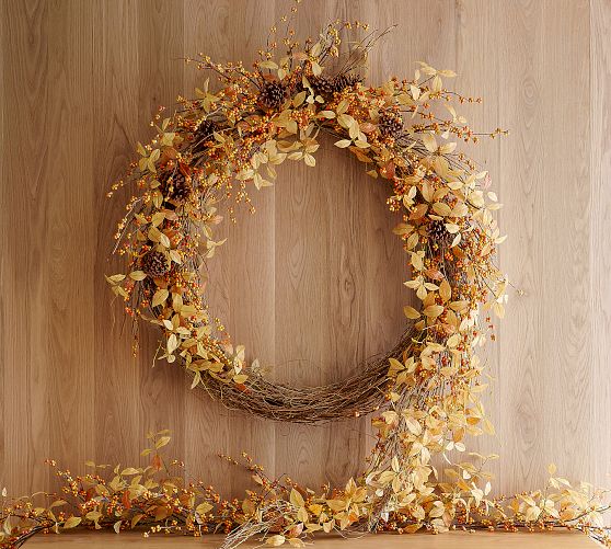 Faux Golden Leaf and Berry Wreath & Garland