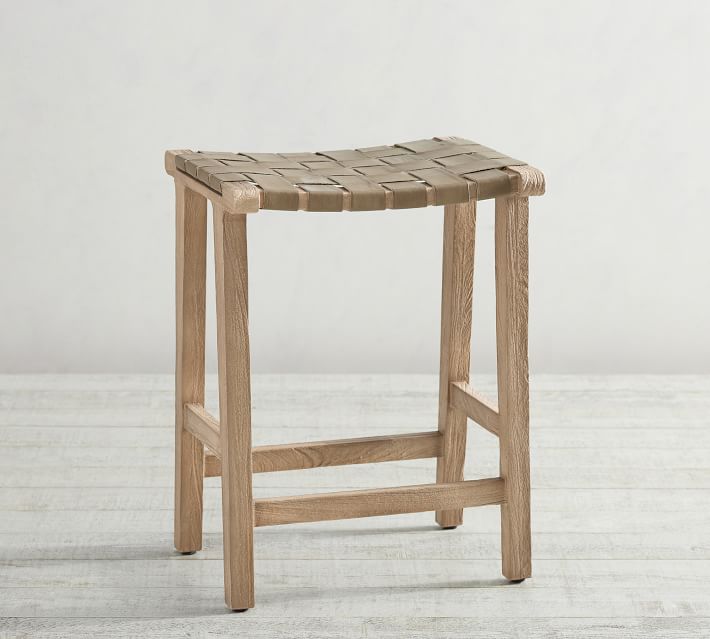 Fenton Woven Backless Leather Stool | Pottery Barn