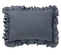 Open Box: Belgian Flax Linen Fringe Ruffle Sham, Set of 2, Standard - Steel Blue