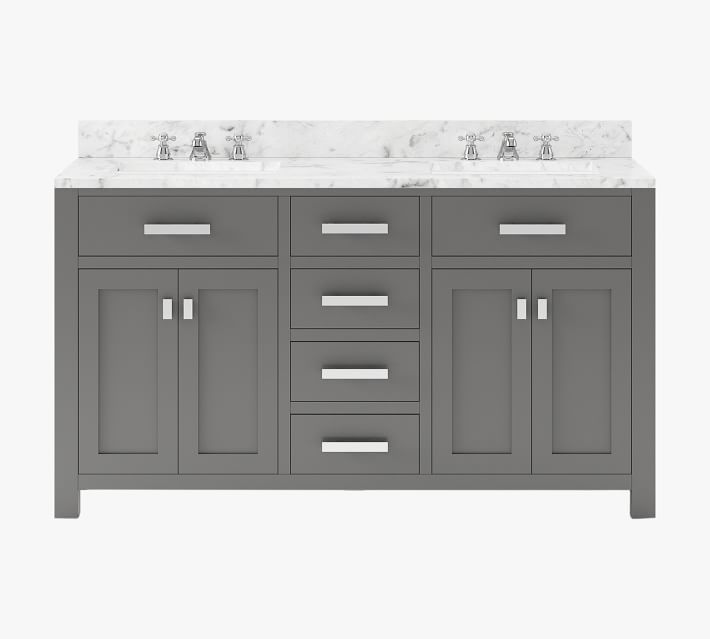 White bathroom vanity with marble top and multiple drawers/cabinets, front view.