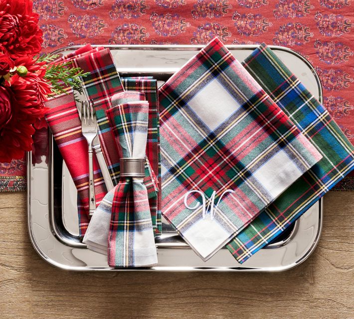Horaldaily Christmas Cloth Napkins - Set Of 4, 18x18 Inch, Red Buffalo Plaid, Let It Snow Pattern, Washable