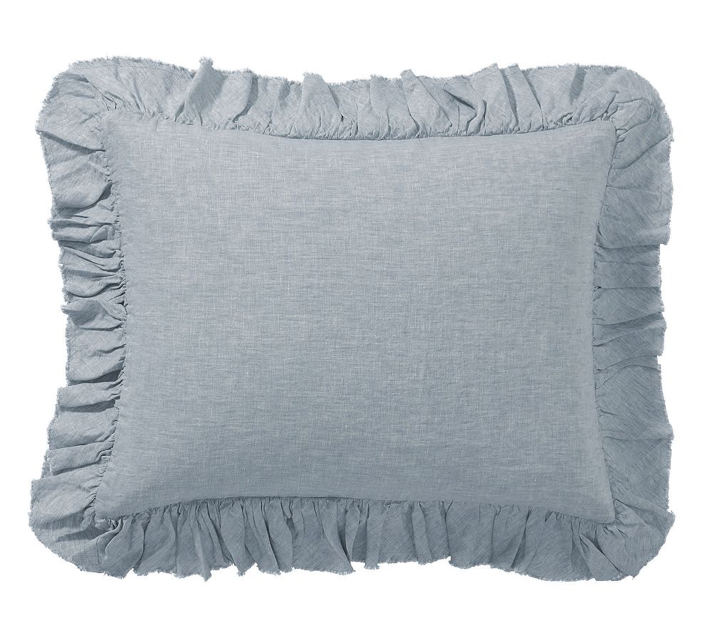 Open Box: Belgian Flax Linen Fringe Ruffle Sham, Standard - Set of 2 - Chambray