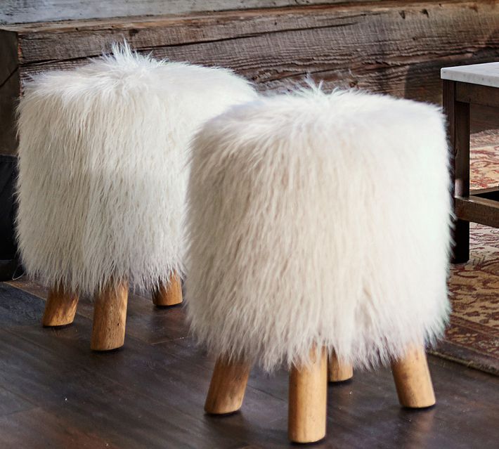 faux fur furry bar stool covers Mongolian Faux Fur Stool Pottery Barn