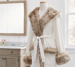 Faux Fur Hooded Bath Robe - Dune Leopard