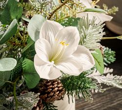 Faux Frosted White Amaryllis &amp; Winter Greens Arrangement