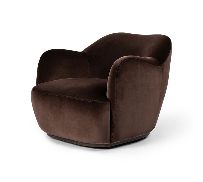 Brown velvet swivel chair showing side profile with curved arms