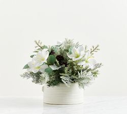 Faux Frosted White Amaryllis &amp; Winter Greens Arrangement