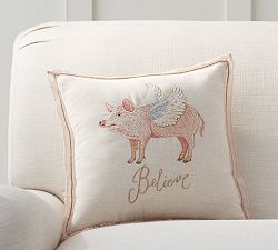 Flying Pig Embroidered Pillow