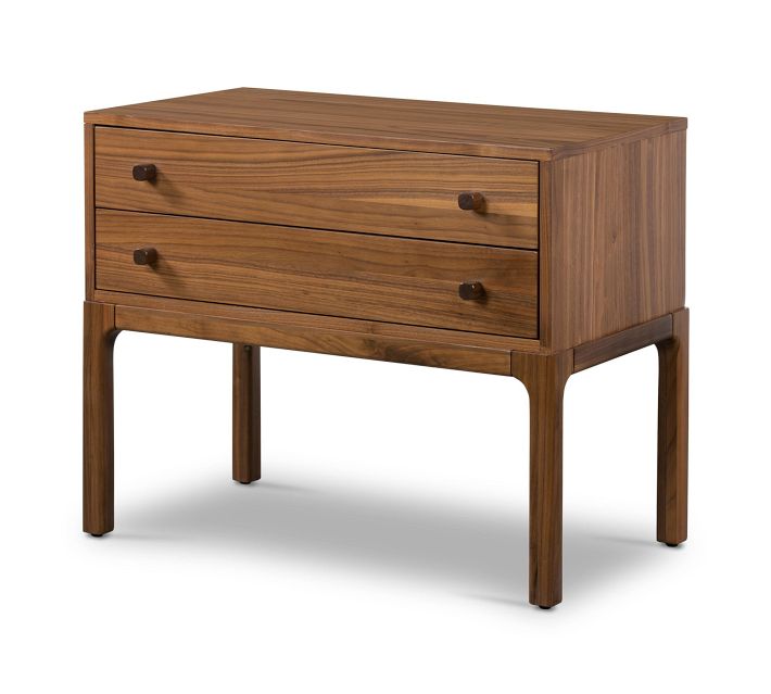 Two-drawer dresser with solid wood construction and legs.