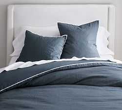 Open Box: Belgian Flax Linen Contrast Flange Duvet Cover, King/Cal. King - Steel Blue/White