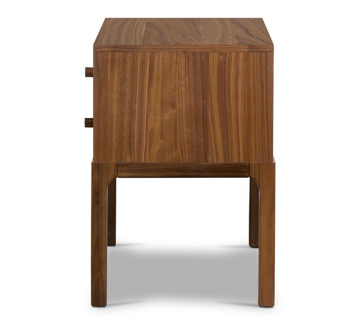 Rear/side view of a wooden console with two-drawer vanity and legs.