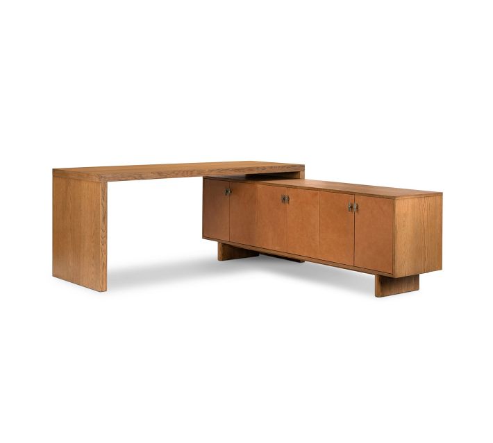 Desaturated image of a desk with attached storage cabinet and legs.