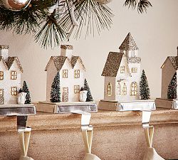 Lit German Glitter Village Houses Stocking Holders
