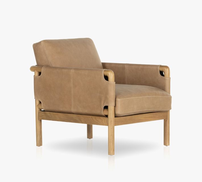 Rear-right view of armchair highlighting leather sides and wooden legs