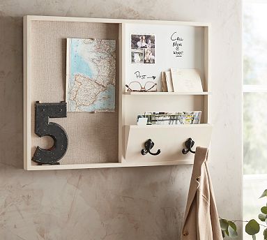 Kate & Laurel Idamae Farmhouse Wall Organizer With Chalkboard, Mail Pockets & Hooks - White
