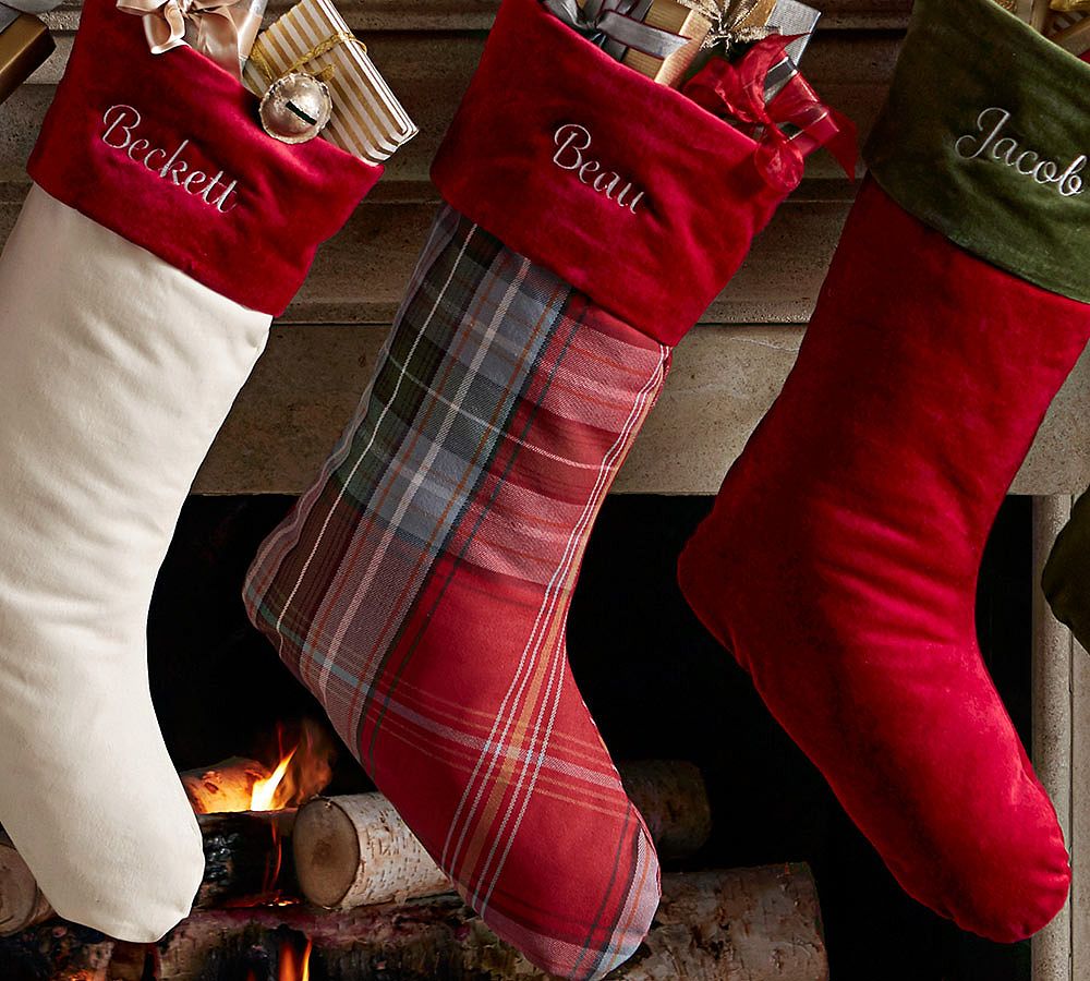 Newbury Plaid Stocking with Velvet Red Cuff