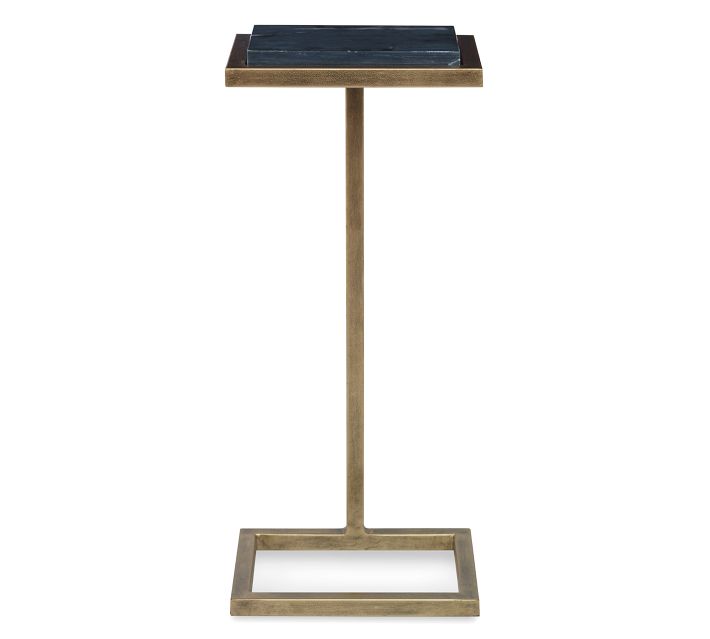 _gold-brass finish floor-standing side table with square base and square top, neutral background.