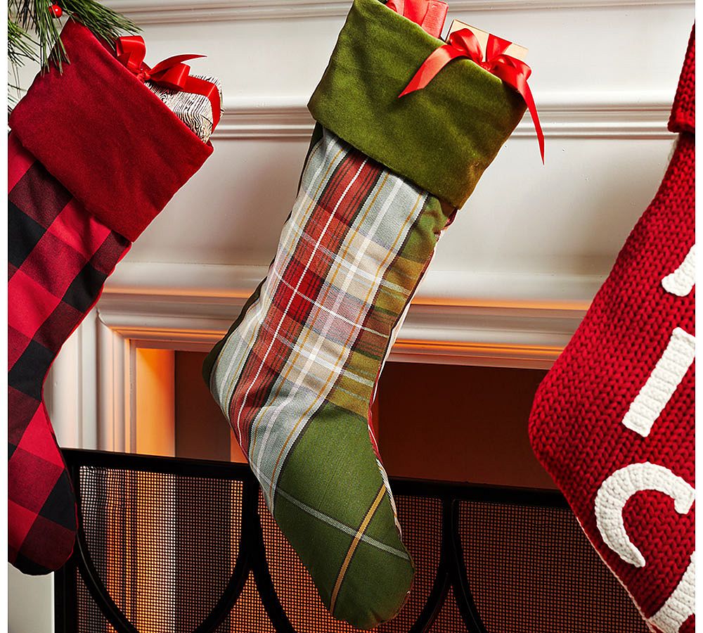 Charles Plaid Stocking with Velvet Green Cuff