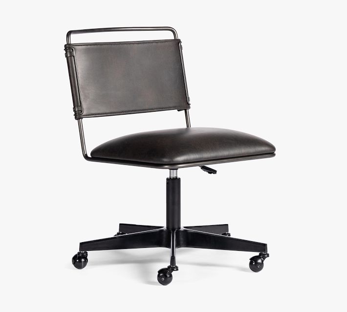 Front view of chair with brown leather backrest and seat against white background