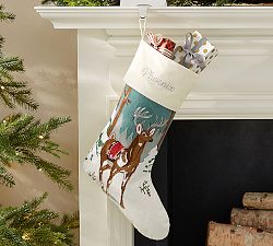 Whimsical Crewel Embroidered Stocking - Forest Deer
