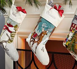 Whimsical Crewel Embroidered Stocking - Forest Deer