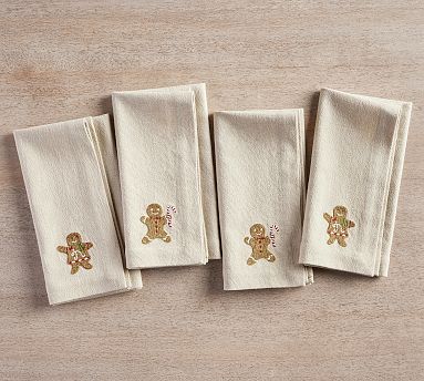 Gingerbread Embroidered Napkins, Set of 4 - Neutral