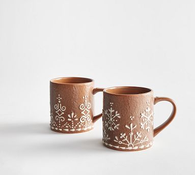 Gingerbread Stoneware Mugs, Mixed Set of 2