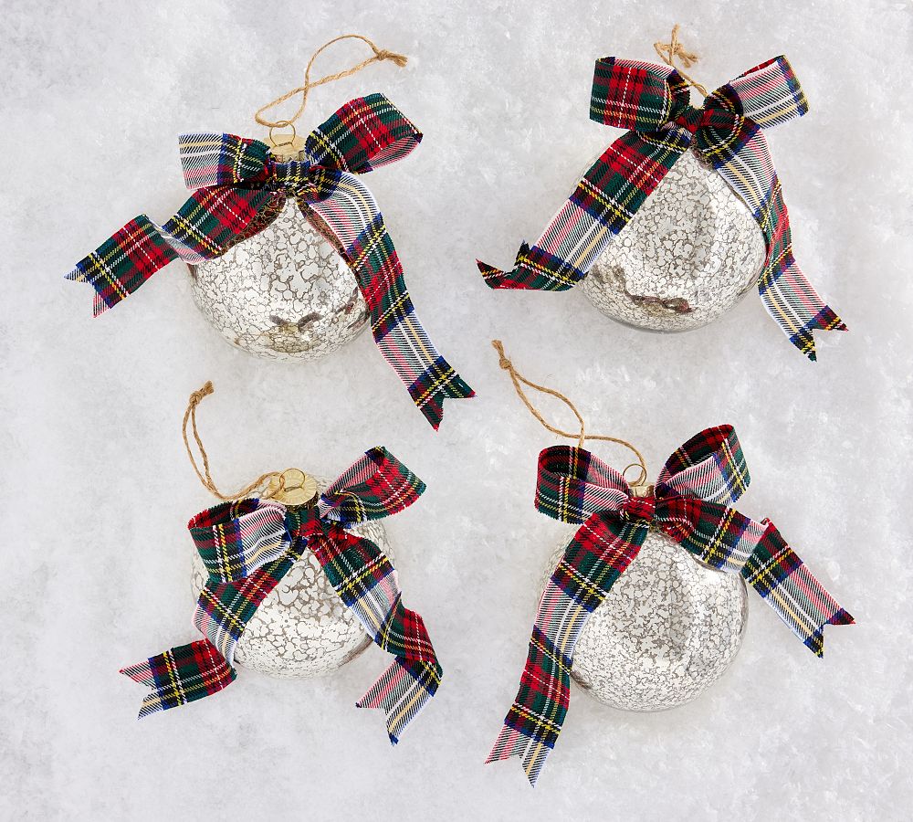 Mercury Glass Ball Ornaments with Plaid Bows - Set of 4