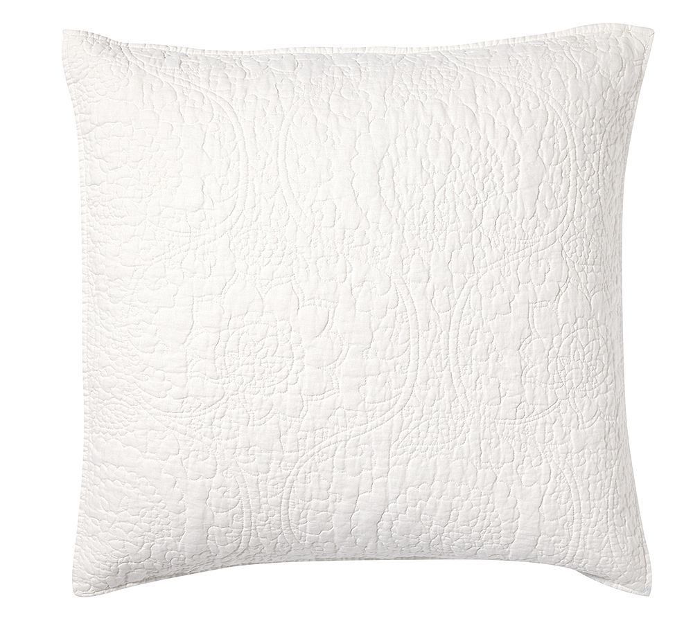 Belgian Flax Linen Floral Stitch Quilted Sham, Set of 2, Euro, White | Pottery Barn