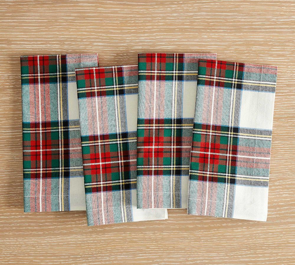 Stewart Plaid Cotton Napkins - Set of 4 - Set of 4, 20" - White Plaid