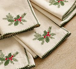 Holly Embroidered Cotton/Linen Napkins - Set of 4