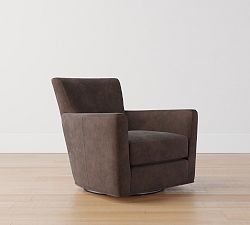 Open Box: Irving Square Arm Leather Swivel Armchair, Polyester Wrapped Cushions, without nailheads - Mason Pebble Chocolate