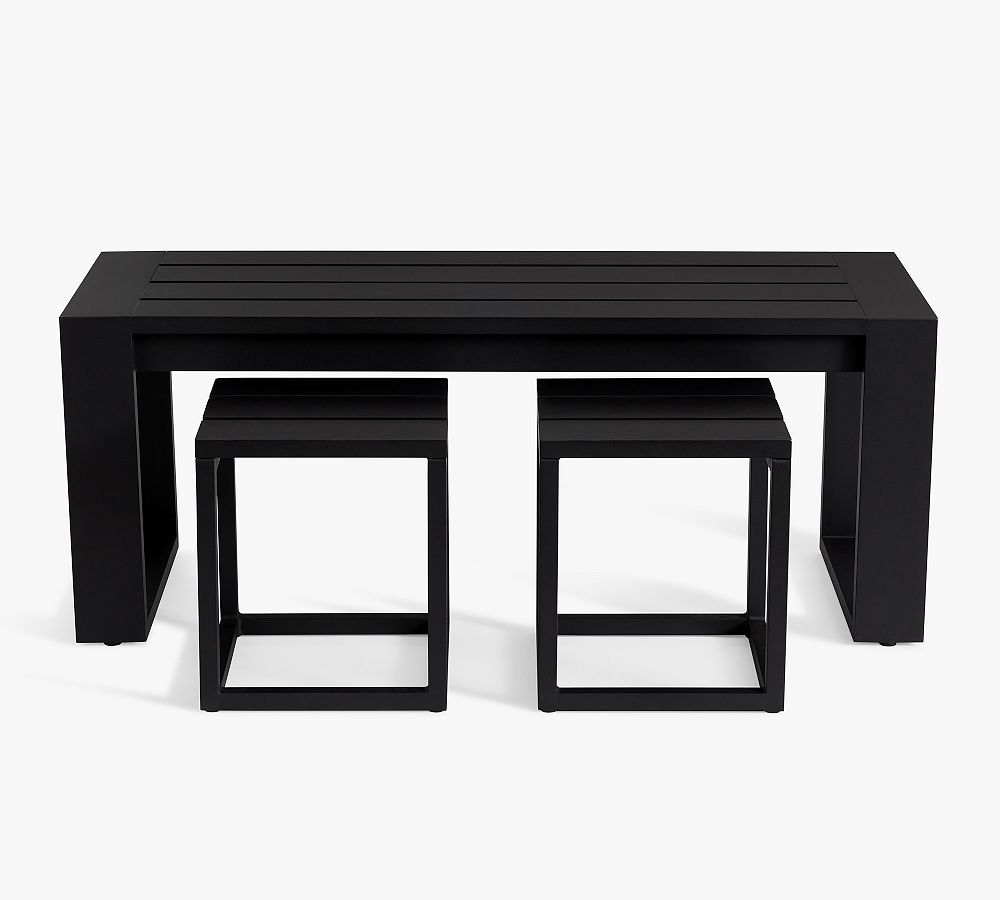 Open Box: Malibu Metal Outdoor Coffee Table with Nesting Stools, Rectangular - Black