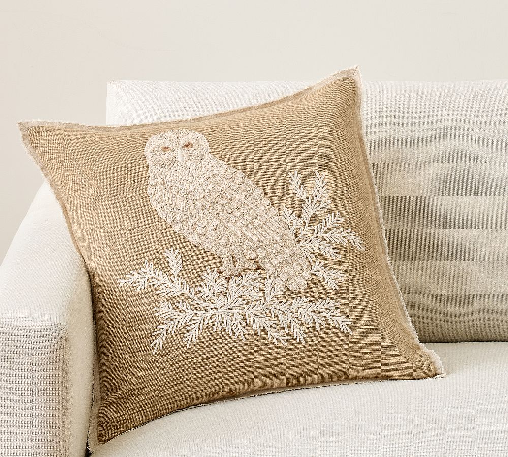 Snow Owl Embroidered Pillow