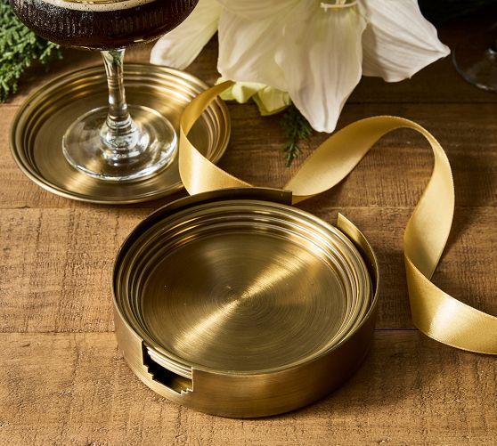 Marble Ombre Watercolor Ink Gold & Brown Waves Leather Coasters - Set Of 6 With Holder, 4 Inch Round, PU Leather