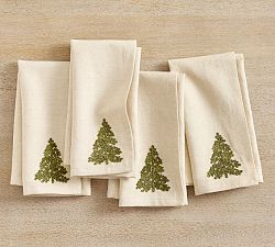 Rustic Tree Embroidered Cotton/Linen Napkins - Set of 4