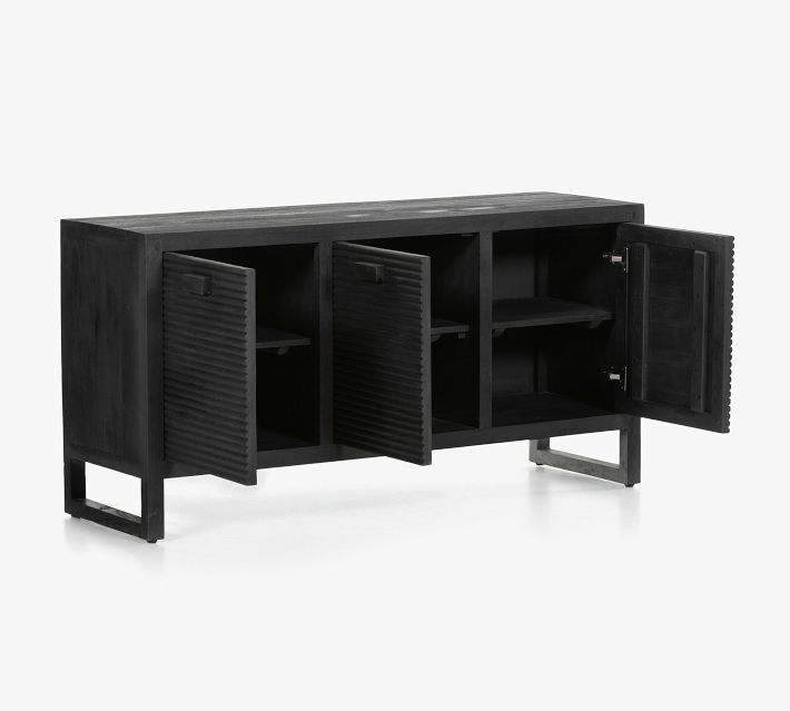 Open cabinets showing interior shelves and doors on a long dark sideboard