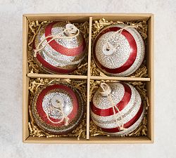 Silver and Red Striped Ornaments - Set of 4