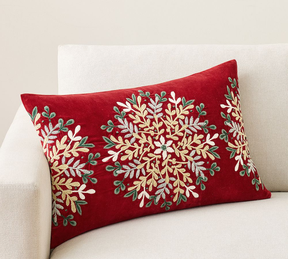 Winter Wreath Embroidered Lumbar Pillow