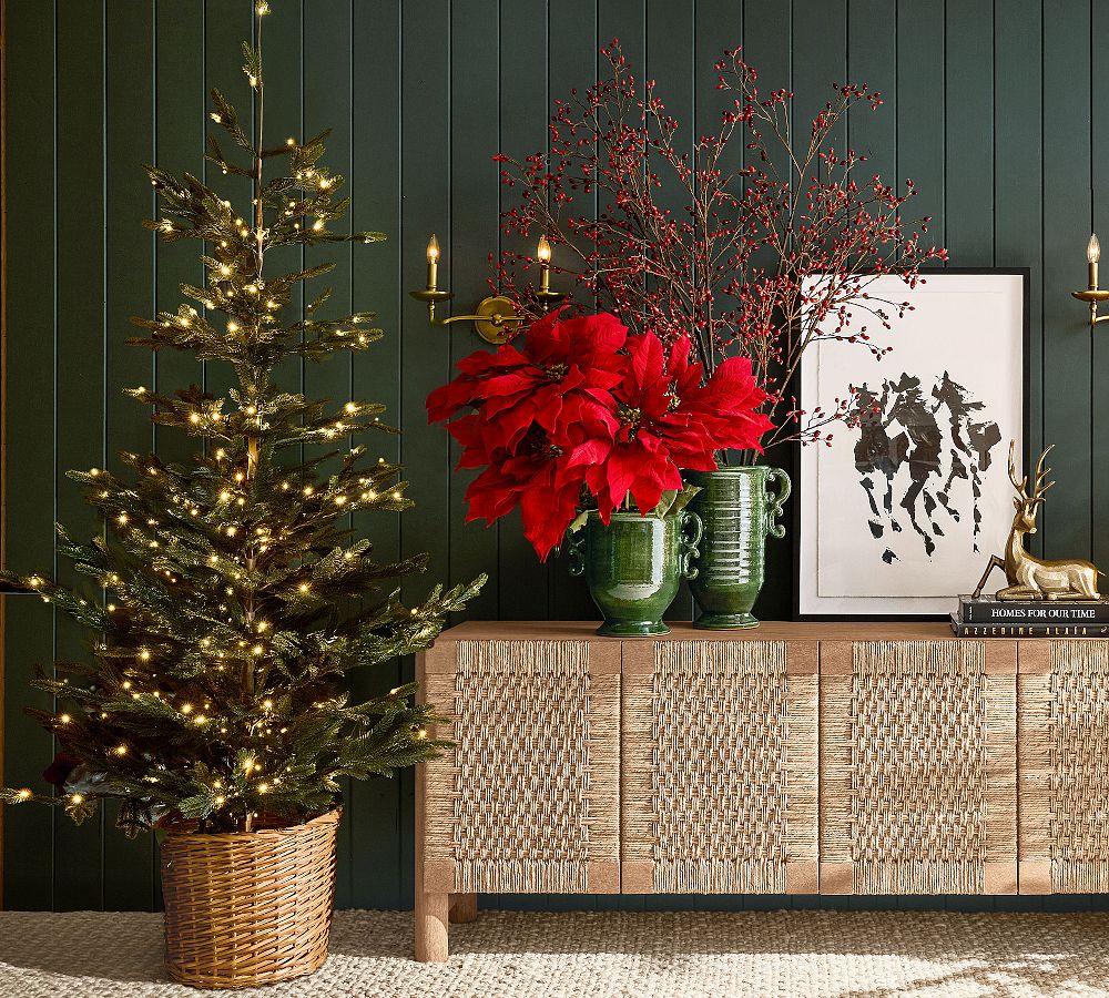 Lit Pine Tree in Basket